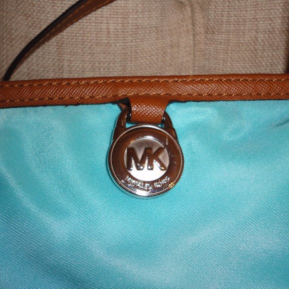 MICHAEL KORS Turquoise Canvas & Leather Shoulder Purse Handbag - Picture 8 of 8